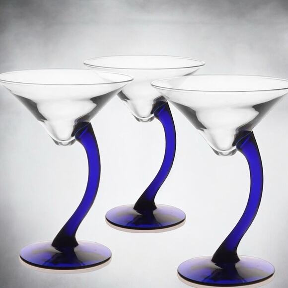 Libbey Swerve Cobalt Blue Stem Martini Glass Set Of 3- Vintage - Picture 4 of 6